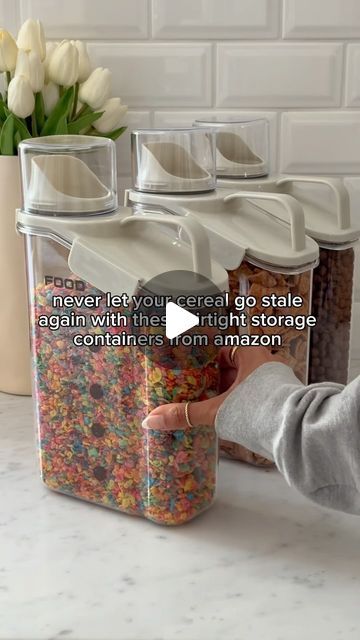 Jen Adams on Instagram: "Tap link in bio to shop! Amazon cereal dispenser perfect for storing your cereal!!🤩Follow me @interiordesignerella for links as Meta is rolling out a new feature where we will all only get DMs from those we follow❤️ So for those who follow & comment “CEREAL” check your DM as you will automatically get links sent to you! But no pressure to follow!🤗❤️ If you prefer not to follow or if they don’t send (IG can have a lot of glitches!🙈) you can always tap the link in my bio to shop!🥰 Restock all your favorite cereals and keep them organized with these amazing cereal dispensers!!! I love how functional they are, and the lid doubles as a measuring cup too!!! They store beautifully in your pantry and make it easy for everyone to identify their favorite cereal!!! Happy Cereal Container Ideas, Cereal Organization, Cereal Storage, Cereal Containers, Cereal Dispenser, Amazon Buy, Measuring Cup, Have A Beautiful Day, Pantry Organization