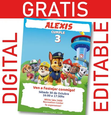 Paw Patrol Template, Paw Patrol Theme Birthday, Paw Patrol Invitation, Paw Patrol Theme, Card Edit, Virtual Card, Recreation Centers, Digital Card, Card Invitation