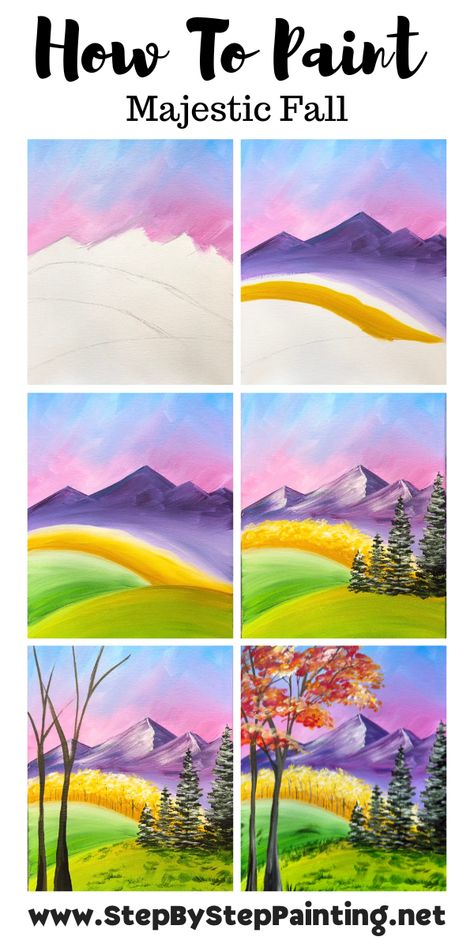 How To Paint "Majestic Fall Landscape" - Acrylic Painting Tutorial Winter Painting Tutorial, Fall Acrylic Painting, Rainbow Landscape, Fall Landscape Painting, Purple Mountains, Fall Canvas Painting, Landscape Acrylic, Flag Painting, Fall Landscape