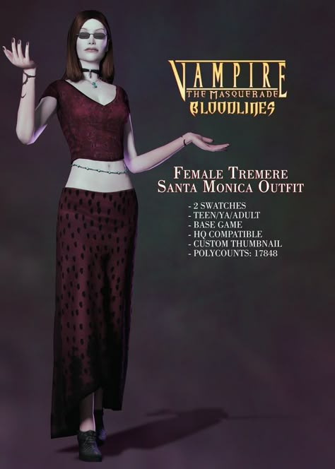 Tremere Female, Santa Monica Outfit, Vampire Look Outfits, Sims 4 Vampire, No Tattoos, Sims 4 Cc Goth, Blood Magic, Vampire Clothes, Sims 4 Characters