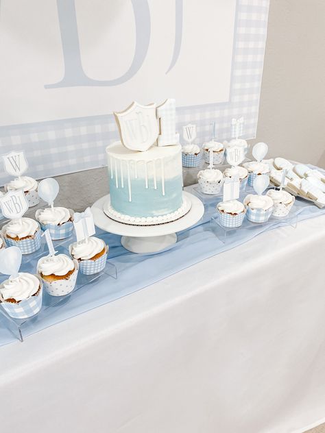 Blue Gingham Smash Cake, White 1st Birthday Party, First Birthday Winter, White Party Theme, Classy Baby Shower, Boys 1st Birthday Party Ideas, Puppy Birthday Parties, Tattoos Women, Puppy Birthday