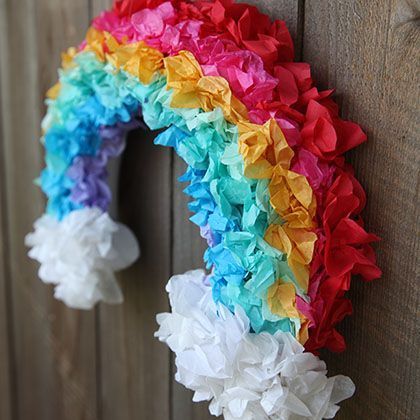 Rainbow wreath paper craft Rainbow Wreath Diy, Rainbow Wreath, Tissue Paper Crafts, Rainbow Parties, Art And Craft Ideas, Girl Scout Crafts, Girl Scout Ideas, Diy Rainbow, Scouts Crafts