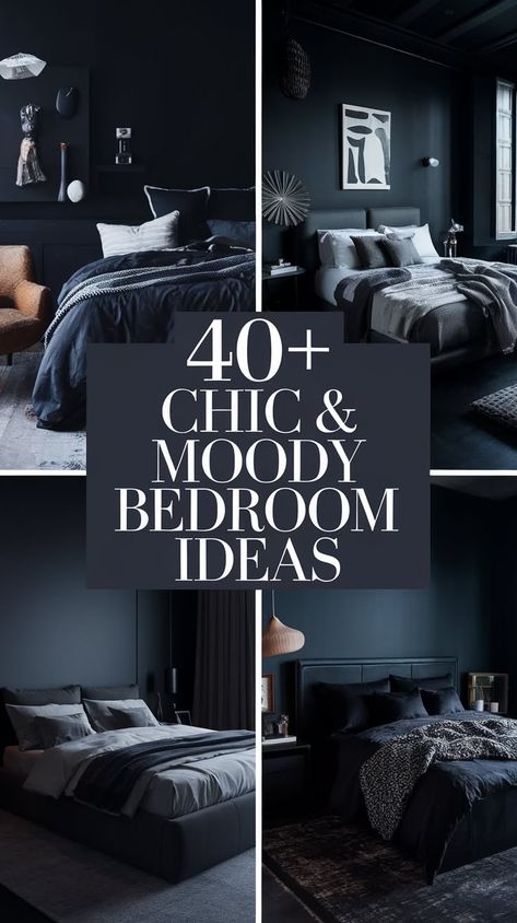 Dark Cozy Bedding Ideas, Glam Black Bedroom Decor, Bedroom Decor Black Headboard, Black Glam Bedroom Ideas, Tricorn Black Bedroom, Dark Painted Bedrooms, Dark Feature Wall Bedroom, Moody Bedroom Wallpaper, Dark Romance Bedroom