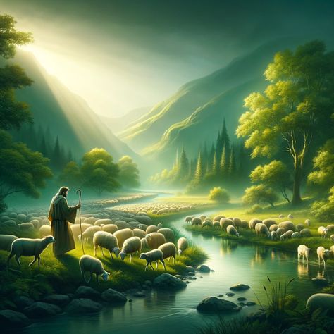 A serene landscape depicting green pastures and quiet waters, symbolizing spiritual nourishment and guidance. The scene includes a gentle shepherd, embodying God's care, tending to a flock of sheep in a peaceful, lush environment. The shepherd is guiding the sheep beside still waters, reflecting the themes of refreshment and direction. The atmosphere is calm and soothing, with a warm, radiant... Verses About Growth, Bible Verses About Growth, God Is My Shepherd, Christ The Good Shepherd, Jesus Peace, Christian Soldiers, Beside Still Waters, Flock Of Sheep, Green Pastures