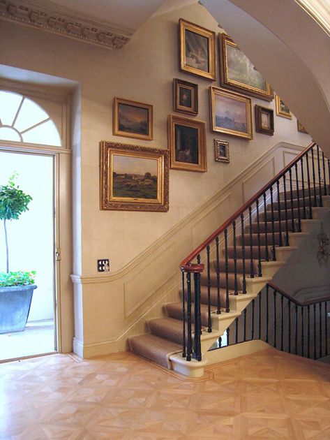 Entryway // staircase // traditional entryway // entryway staircase // grand staircase // carpeted staircase // traditional staircase // staircase ideas // staircase wall decor // staircase gallery wall // entryway ideas // neutral entryway // entryway luxury // entryway decor // British Style Home, London Townhouse Interior, Entryway Gallery Wall, Stairway Gallery Wall, Foyer Wall Decor, Staircase Art, Gallery Wall Staircase, Rustic Stairs, Staircase Wall Decor