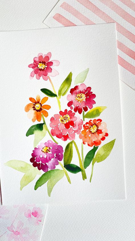 I’m still down with headache, still glued to my bed. But here’s a time lapse video of zinnias I’ve painted earlier ( found it when I was… | Instagram Watercolor Zinnias Tutorial, Watercolor Zinnias, Zinnia Watercolor, Zinnia Painting, Watercolor Holiday Cards, Loose Watercolor Flowers, Watercolor Holiday, Watercolor Birthday Cards, Flower Drawing Tutorials