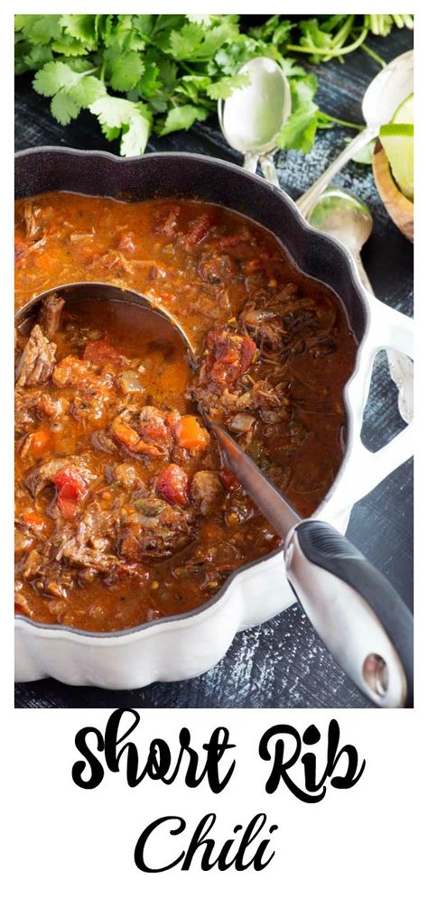 This Short Rib Chili recipe is a hearty chili with short ribs braised in beer and slow cooked.  You get a thick, "stick to your ribs" chili with so much flavor. The perfect comfort food for a cold wintery day. #butterandbaggage #chili #shortribs #snowday #gameday #heartychili Rib Chili Recipe, Short Ribs Chili Recipe, Food For A Cold, Short Ribs Braised, Short Rib Chili, Chili Butter, Chili Without Beans, Hearty Chili Recipe, Rhubarb Jam Recipes