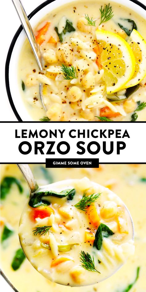 LOVE this Lemony Orzo Chickpea Soup recipe! It's a vegetarian spin on Greek avgolemono soup, brightened up with lots of lemon juice and fresh herbs, and made extra creamy by folding a few eggs into the broth (instead of cream). It's the perfect light vegetarian soup recipe! | gimmesomeoven.com #soup #healthy #vegetarian #greek #lemon #orzo #dinner #mealprep Orzo Chickpea Soup, Chickpea Orzo Soup, Orzo Chickpea, Greek Avgolemono Soup, Orzo Dinner, Chickpea Orzo, Lemony Orzo, Avgolemono Soup, Lemon Orzo