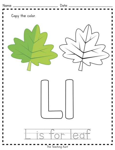 L is for Leaf: Paper Pasting Activity - The Teaching Aunt Leaf Worksheet, L Is For Leaf, Leaves Activity, Fun Art And Craft, Alphabet Colouring, Color Worksheet, Letter Worksheets For Preschool, Writing Practice Worksheets, Kindergarten Coloring Pages