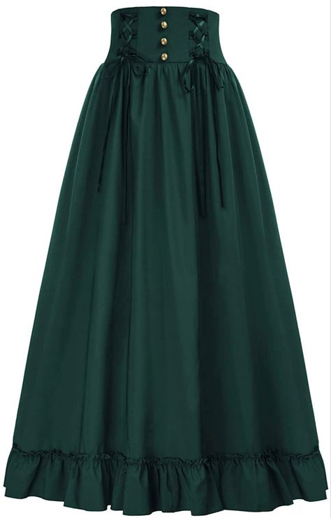 Ruffled Long Skirt, Cottagecore Fashion Skirts, Edwardian Skirt, Dark Green Skirt, Long Green Skirt, Maxi Skirt Vintage, Steampunk Skirt, Elf Girl, Victorian Costume