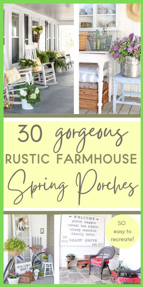 If you're a fan of farmhouse rustic style & need styling ideas for your porch this spring, here are 30 outdoor decorating ideas that are so simple to imitate! Yhese DIY spring porch vignettes are perfect for big & small porches & will give your house immediate curb appeal! Check out these outdoor decoration ideas for your porch that you'll just fall in love with! #ahundredaffections Back Porch Decorating Ideas Farmhouse, Spring Summer Porch Decorations, Cottage Style Front Porch Ideas, Country Farmhouse Outdoor Decor, Small Rustic Porch Ideas, Cottage Style Porch Ideas, Flowers On Porch Ideas, Pretty Front Porches, Country Farmhouse Porch Ideas