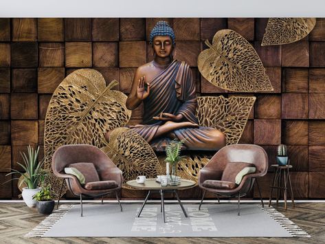 Budha Mural Sculpture, Aura Art Wallpaper, Buddha Murals Wall Art, Buddha Decor Ideas, Buddha Statue Home Interior Design, Buddha Mural, Wallpaper Buddha, Shrine Room, Buddha Background