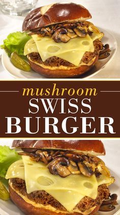 This juicy, all-beef burger is smothered in sauteed mushrooms and creamy Finlandia Swiss and served on a pretzel bun. Mushroom Swiss Burger Recipe, Pretzel Roll, Double Bacon Cheeseburger, Swiss Burger, Mushroom Swiss Burger, Pretzel Buns, Mushrooms And Onions, Healthy Sandwich Recipes, Pretzel Bun