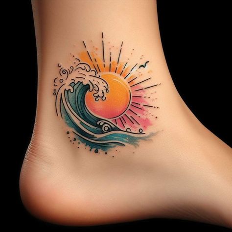 Sunflower Wave Tattoo, Sun With Wave Tattoo, Small Beachy Tattoos For Women, Sun Waves Tattoo, Sunset Tattoos For Women, Ocean Themed Tattoos, Wave Tattoo Ideas, Octopus Tattoo Sleeve, Beachy Tattoos