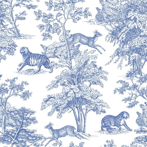 French Toiles Wallpaper Tiger Wallpaper Toiles De Jouy Chantilly in Blue WIV 638 - Etsy Blue Toile Wallpaper, Fine China Wallpaper, French Pattern Design, Blue And White Toile Wallpaper, Toile Background, Toile Desktop Wallpaper, Light Blue Toile Wallpaper, Nyc Toile Wallpaper, Toile De Jouy Pattern Prints