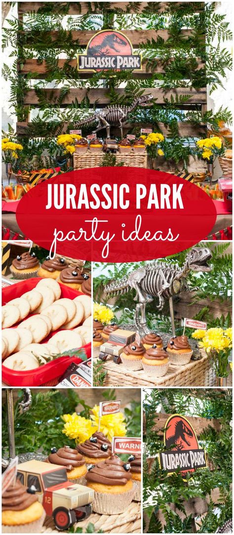 What an incredible Jurassic Park birthday party! See more party ideas at CatchMyParty.com Jurassic Park Cupcakes Ideas, Life Finds A Way Jurassic Park, Jurrasic World Birthday Party Ideas Diy, Jurassic Park Bachelorette Party, Jurassic Park Cupcakes, Jurrasic Park Birthday Party, Jurassic Park Birthday Party Decorations, Jurassic Park Theme Party, Jurassic Park Party Ideas