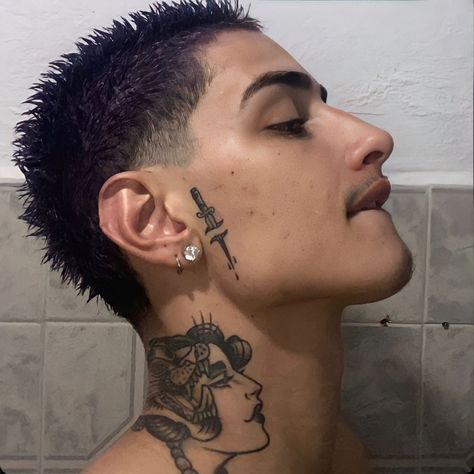 Guy Face Tattoo, Face Tats Men, Face Tattoos Men, Face Tattoo Men, Masc Hairstyles, Doberman Boys, Mens Face Tattoos, Small Face Tattoos, Hellboy Tattoo