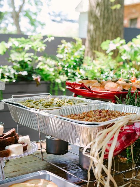 How To Host a Backyard Barbecue Wedding Shower Barbeque Buffet Table Ideas, Backyard Buffet Table Ideas, Warming Trays Buffet, Backyard Couples Shower Ideas, Backyard Wedding Shower Ideas, Bbq Wedding Shower Ideas, Diy Chafing Dish, Bbq Bridal Shower Ideas, Bbq Buffet Table Ideas