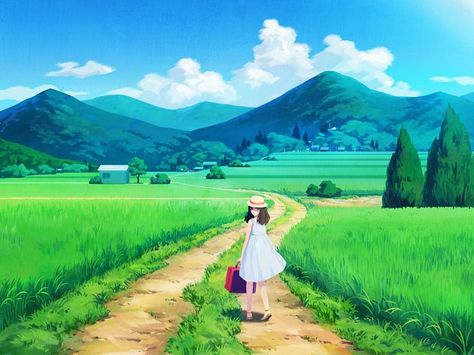 Tags: Anime, Pixiv Id 854214, Looking Back, Field, Suitcase, Grass Field, Summer Dress Halloween Shooters, Beauty Paintings, Landscape Concept, Grass Field, Girl Silhouette, Nature Art Painting, Fantasy Art Landscapes, Landscape Illustration, Romantic Art