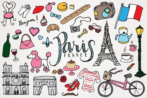 Paris France Clipart & Illustrations by Lemonade Pixel on @creativemarket French Doodles Drawings, French Clipart, France Landmarks, City Clipart, Paris Clipart, Eiffel Tower Drawing, Eiffel Tower France, France Drawing, Drawing Clipart