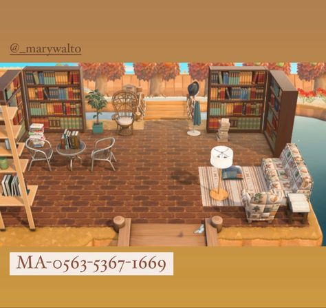 Animal crossing outdoor library, custom flooring code for brick listed in picture. Items used: Wooden Bookshelf, patchwork sofa and patchwork chair, mums cushion, floor lamp, box shaped seat, peacock chair, metal and wood chair, metal and wood table, coffee planr, stacked books, iron coat stand. Animal Crossing Bookshelf Code, Coffee Stand Animal Crossing, Animal Crossing Library Code, Animal Crossing Bookshelf Design, How To Make Bookshelves, Metal And Wood Table, Outdoor Library, Metal And Wood Chairs, Library Space