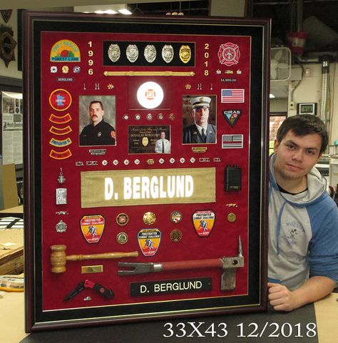 Fire Department Shadow Box Ideas, Firefighter Shadow Box Ideas, Fire Decorations, Fireman Gifts, Fire Hose Projects, Fire Department Decor, Fire Theme, Shadow Box Ideas, Firefighter Retirement