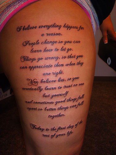 Script cursive on thigh tattoo by Wes Fortier Thigh Script Tattoo, Front Thigh Tattoos, Tattoos For Women On Thigh, Thigh Tattoo Quotes, Upper Thigh Tattoos, Meaning Tattoos, Script Cursive, Gothic Tattoos, Thigh Tattoo Designs