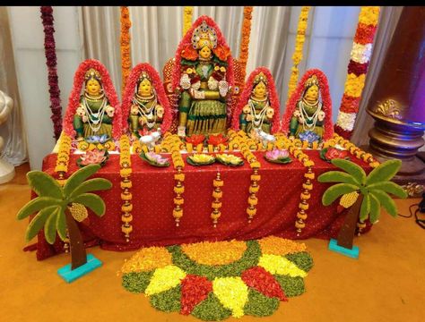 Gowri Varalaxmi Pooja Decoration, Pooja Decoration Ideas, Chaturthi Decoration, Ganesh Chaturthi Decoration, Pooja Decor, Pooja Decoration, Floor Designs, Beautiful Wedding Decorations, Goddess Decor