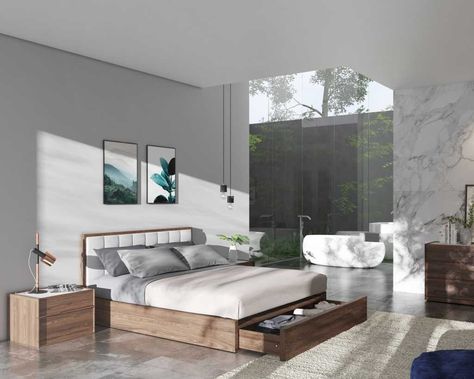 Charlotte Bed with Hunter Nightstand - Staged - Monaco White Low Bed Master Room, Low Profile Bed Frames, Modern King Bed Storage, Modern Solid Wood Bed, Wood Platform Bed With Storage, Platform Bed With Drawers King, West Elm Andes Side Storage Bed, Modern Rustic Bed Frame, King Bed Minimalist