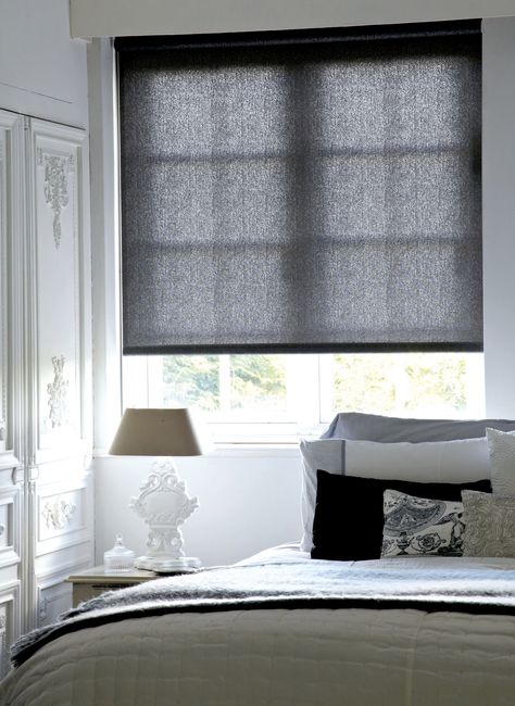 Grey blind in a bedroom Roller Blinds With Curtains, Blinds With Curtains, Grey Wallpaper Bedroom, Grey Bedroom Design, Grey Bed Frame, Bedroom Blinds, Window Treatments Bedroom, Industrial Bedroom, Real Homes