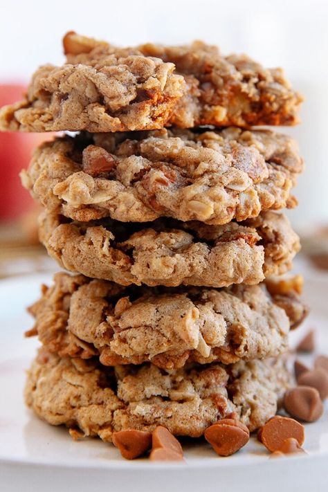 These Apple Oatmeal Cookies are a delightful twist on the classic oatmeal cookie. They are packed with fresh apple chunks and cinnamon chips. They have a crisp exterior and a chewy interior and are bursting with warm, spiced apple flavor. Perfect for autumn, these cookies make your kitchen smell amazing and are a fun way to enjoy seasonal apples in a sweet treat. Cinnamon Applesauce Cookies, Apple Oatmeal Cookies Recipes, Apple Spice Cookies, Apple Sauce Cookies, Apple Cinnamon Oatmeal Cookies, Apple Cinnamon Cookies, Caramel Apple Oatmeal Cookies, Apple Cookies Recipes, Paleo Oatmeal