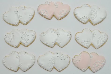 I experimented almost a hundred times until I was satisfied with this design for “double hearts”! I’m happy with the outcome Double Heart Cookies, Heart Cookies Decorated, Wedding Cookies Decorated, Engagement Cookies, Heart Sugar Cookie, Cookies Wedding, Valentine Sugar Cookies, Cutout Cookies, Heart Engagement