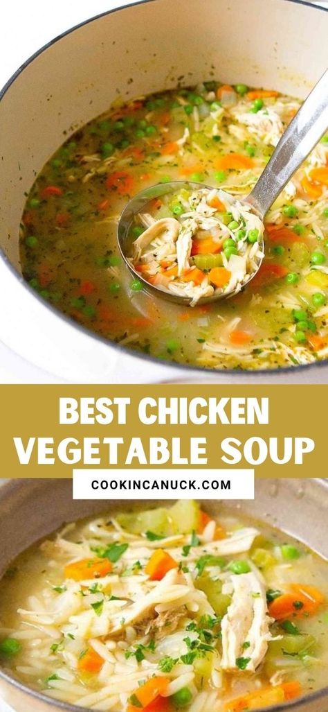 Ladle scooping chicken vegetable soup out of white saucepan. Chicken Soup Recipes Without Noodles, Diy Chicken Soup Recipes, Chicken Noodle And Vegetable Soup, Chicken Vegetable Pasta Soup, Ww Chicken Soup Recipes, Weight Watcher Chicken Soup Recipes, Chicken Noodle Soup Veggies, Chicken Soup Meal Prep, Ww Chicken Vegetable Soup