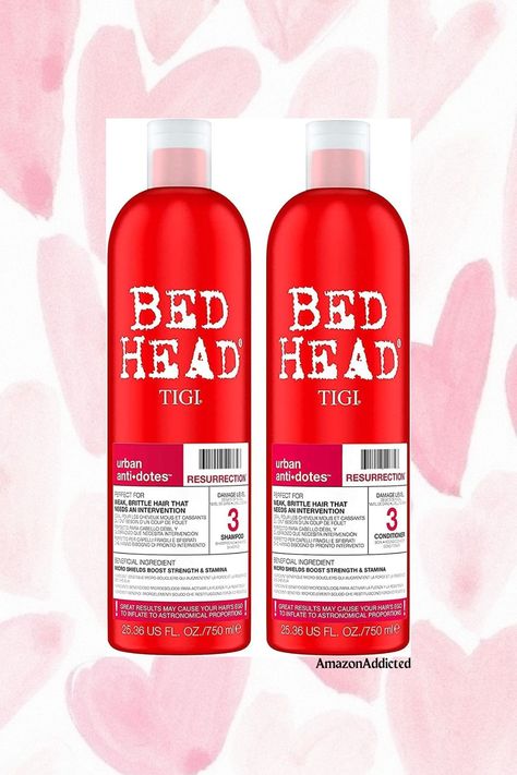 A pair of red bottles: TIGI Bed Head Urban Antidotes Resurrection Shampoo and Conditioner, haircare products, set on a clean surface. The bottles feature the TIGI Bed Head logo and product names, designed to repair and strengthen damaged hair for a revitalized look. Tigi Bedhead Shampoo And Conditioner, Hair Shampoo And Conditioner, Fried Hair, Tigi Bed Head, Head Shop, Male Grooming, City That Never Sleeps, Bed Head, Split Ends