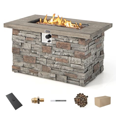 PRICES MAY VARY. 【Efficient Heating & Easy Operation:】This 50,000 BTU gas fire pit table with CSA certification and stainless steel burner offers stable and powerful heating when using. The operation of this propane fire pit table is quite easy(requires 1 AAA size battery, not included), and you can adjust the flame to low or high as needed. 【Multi-function Propane Fire Pit Table:】When not using the burning function, you can cover the lid provided and convert this fire pit table into an outdoor Fireplace Glass Rocks, Propane Fire Pit Table, Gas Fire Pit Table, Glass Fireplace, Gas Fire Pit, Propane Fire Pit, Gas Fire, Stone Surface, Outdoor Porch