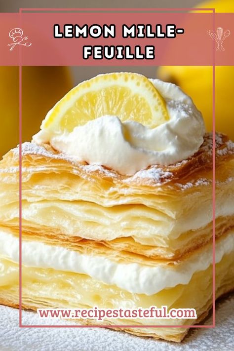 Delight in the layers of crisp puff pastry filled with a creamy lemon filling. This Lemon Mille-Feuille is a refreshing dessert that balances the rich cream with tangy lemon, making it perfect for any occasion. Lemon Pastry Cream Recipe, Lemon Phyllo Dessert, Lemon Puff Pastry Recipes, Lemon Puff Pastry Desserts, Lemon Eclair, Puff Pastry Lemon Dessert, Philo Dough, Phyllo Dough Recipes, Pastry Cream Recipe