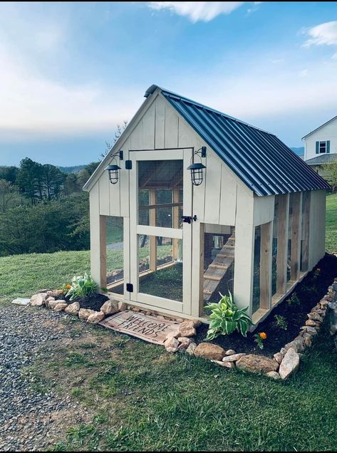 Green And White Chicken Coop, Chicken Coop Village, Landscape Around Chicken Coop, Small Coop Ideas, Modern Farmhouse Chicken Coop, Chicken Coop Inspiration, Black And White Chicken Coop, Red Chicken Coop, Pretty Chicken Coop