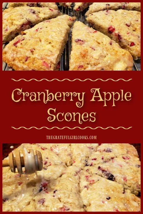 Cranberry Apple Scones with vanilla glaze can be enjoyed for breakfast or a light snack! They're yummy and ready to eat in under 30 minutes! via @gratefuljb Apple Scones With Spiced Glaze, Apple Cranberry Scones, Cranberry Walnut Scones, Cranberry Breakfast Recipes, Dessert Scones, Apple Scones, Cranberry Pear, Cranberry Scones, Scones Recipe Easy