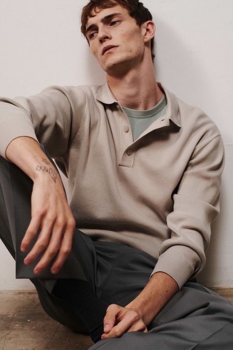 KNITTED LONG-SLEEVE POLO SHIRT - mole grey - Polo shirts - COS AT Modern Relaxed Fit Polo Shirt, Relaxed Fit Crew Neck Polo Shirt For Streetwear, Long Sleeve Polo Outfit, Relaxed Fit Knit Polo Shirt, Men’s Boxy Shirt, Signature Outfit, Horror Costumes, Long Sleeve Knit Polo Men, Polo Shirt Outfit Men