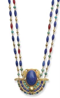 Louis Comfort Tiffany necklace in Egyptian Revival style: lapis lazuli, turquoise, amber and gold, ca. 1913. Louis Comfort Tiffany Jewelry, Scarab Pendant, Egyptian Revival Jewelry, Bijoux Art Nouveau, Tiffany Necklace, Lapis Lazuli Jewelry, Louis Comfort Tiffany, American Indian Jewelry, Egyptian Jewelry