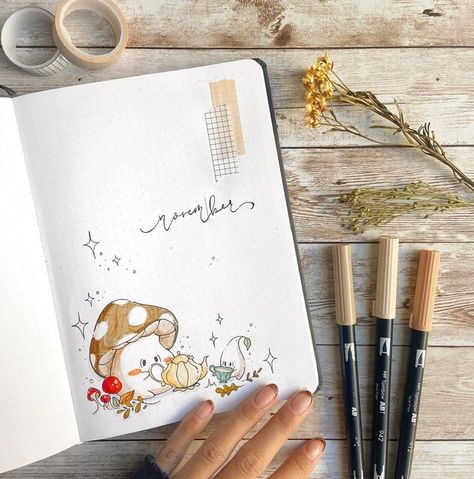 Cottagecore Bujo Theme, Cottagecore Journal Ideas, Mushroom Bullet Journal Theme, Mushroom Bujo Theme, Cozy Bullet Journal Theme, Bullet Journal Mushroom Theme, Cottagecore Bujo, Cottagecore Bullet Journal, Mushroom Bujo