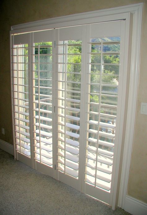 Sliding Door Shutters | Salt Lake City, Utah | Stanfield Shutter Sliding Shutters For Sliding Glass Door, Shutters Sliding Glass Door, Sliding Door Privacy Ideas, Sliding Glass Door Shutters, Shutters For Sliding Glass Doors, Patio Door Shutters, Sliding Door Shutters, Shutters With Curtains, Condo Makeover