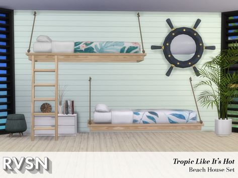 RAVASHEEN's Tropic Like It's Hot Beach House Set Sims 4 Bedroom Cc, Sims 4 Beach House, Custom Sims, 4 Bunk Beds, Bunk Bed Sets, Sims 4 Beds, Los Sims 4 Mods, Die Sims 4, Coordinates Decor