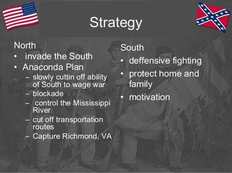 This picture shows the North and south strategies on the civil war. The North… Federalist Vs Anti Federalist, North Vs South, North And South Book, Ap Us History, Fort Sumter, The Transatlantic Slave Trade, North And South, Anaconda, Us History