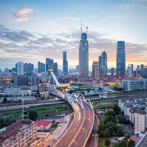 beautiful tianjin at dusk By chuyu2014’s photos #Ad , #ad, #beautiful, #tianjin, #dusk Shanghai Skyline, City Road, Tianjin, Night Scene, Landscape Trees, Shanghai, Cityscape, New York Skyline, Design Trends