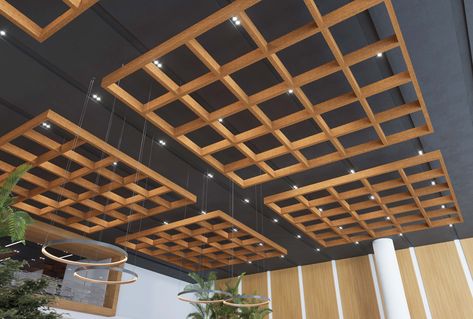 Trellis Ceiling Interior Design, Bar Ceiling Design, Restaurant Ceiling Ideas, Plant Ceiling Decor, Ceiling Trellis, Trellis Ceiling, Coffered Ceiling Design, Bar Ceilings, Basement Ceiling