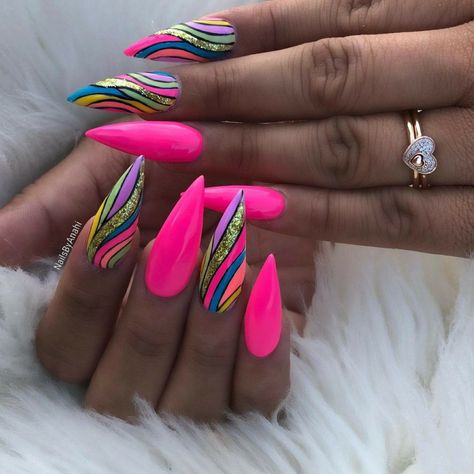 Zig Zag Nail Designs, Summer Neon Pink Nails, Neon Encapsulated Nails, Baddie Birthday Nails Almond, Vacation Nail Designs Beach, Neon Pink Stiletto Nails, Colorful Stiletto Nails, Bright Stiletto Nails, Summer Stiletto Nails Ideas