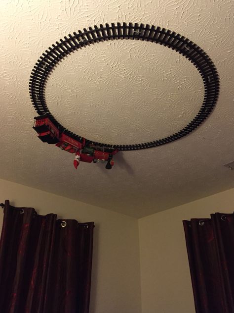 Elf on the shelf. Train track on the ceiling. Train On Ceiling, Ceiling Train, Miniature Train, Train Miniature, Big Boy Room, The Ceiling, Cute Room Decor, Train Tracks, Big Boy