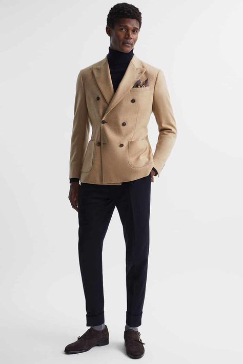 Brown Monk Strap Shoes, Camel Blazer Outfit, Blazer Outfits For Men, Black Trousers Men, Double Monk Strap Shoes, Brown Shoes Men, Off White Blazer, Camel Blazer, Off White Jeans