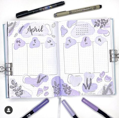 Bujo Purple Theme, Purple Bullet Journal Theme, Bujo Purple, April Bujo, Bullet Journal Flip Through, Binding Book, Bullet Journal Monthly Spread, Bullet Journal Font, Bullet Journal Ideas Templates